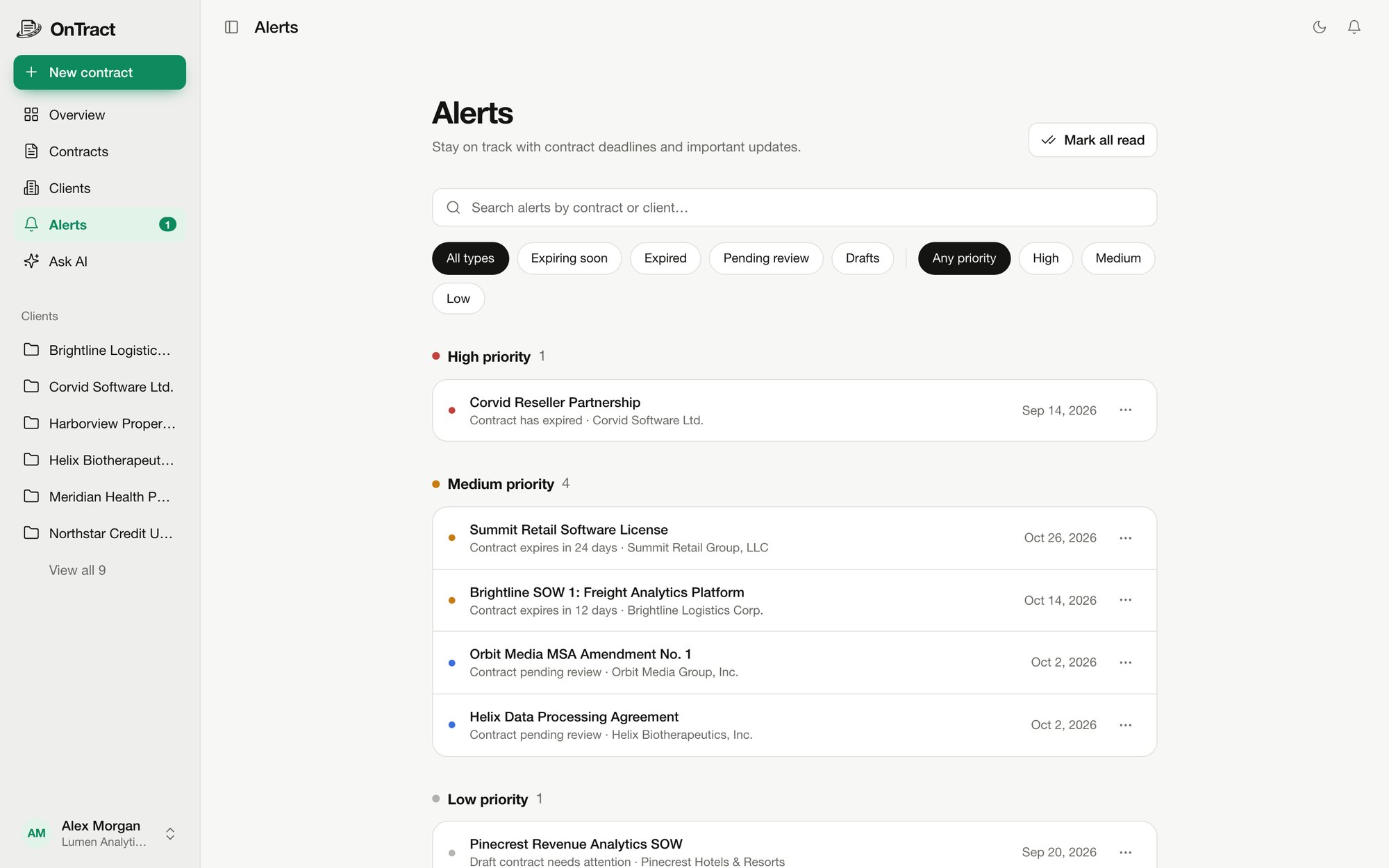 OnTract Alerts screen
