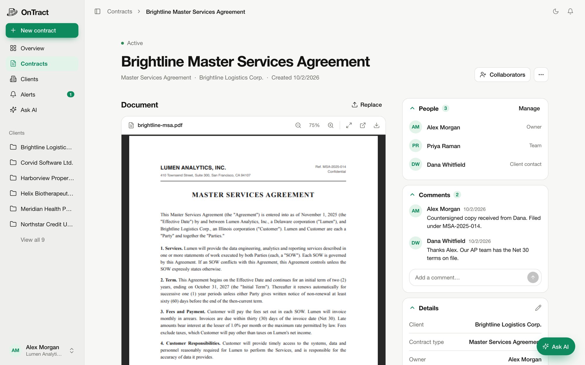 OnTract Contract screen