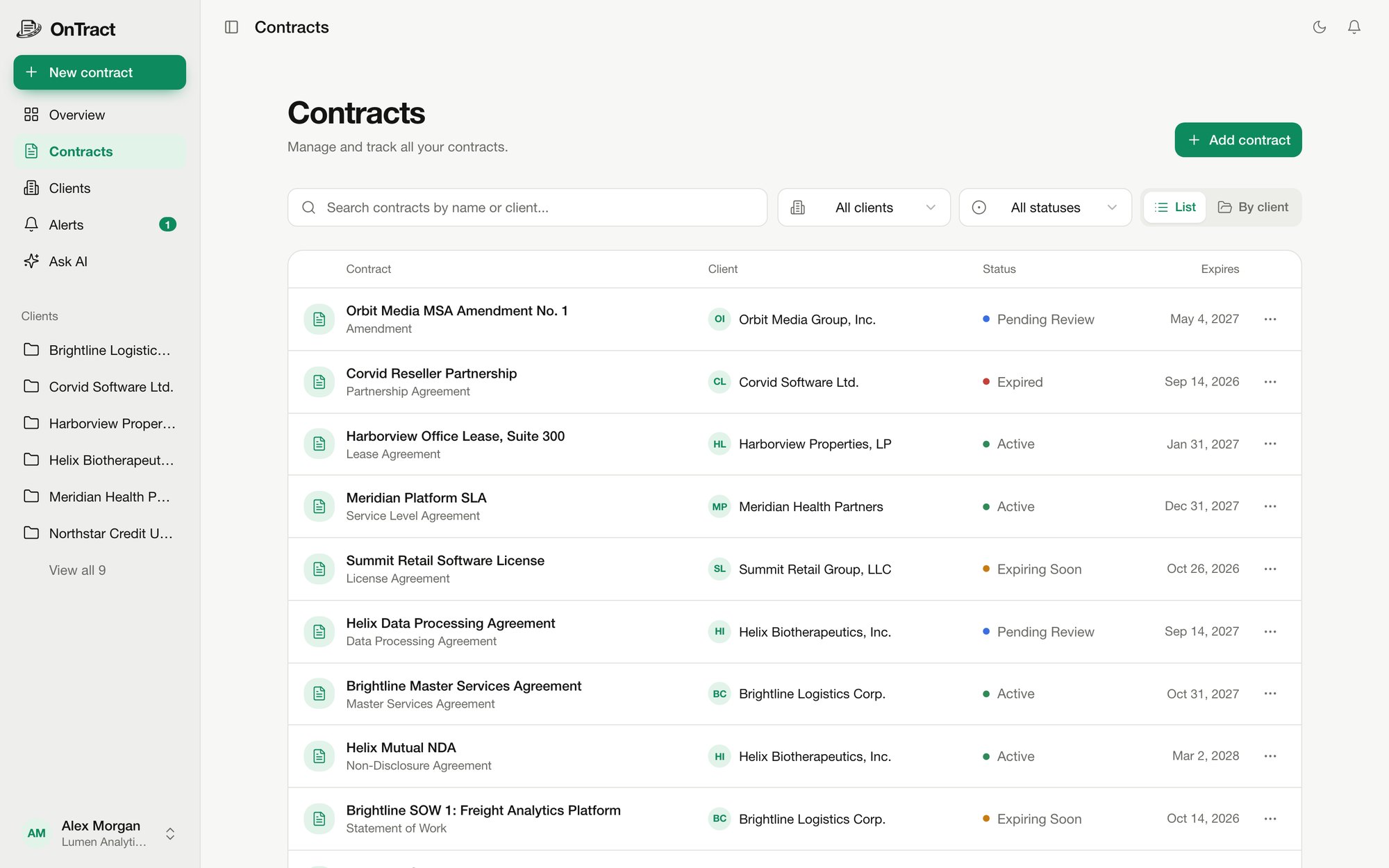 OnTract Contracts screen