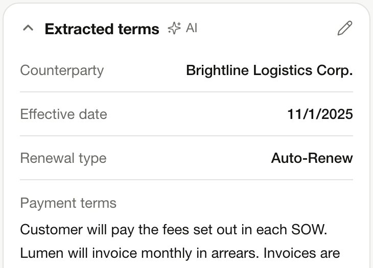 Extracted contract terms in OnTract